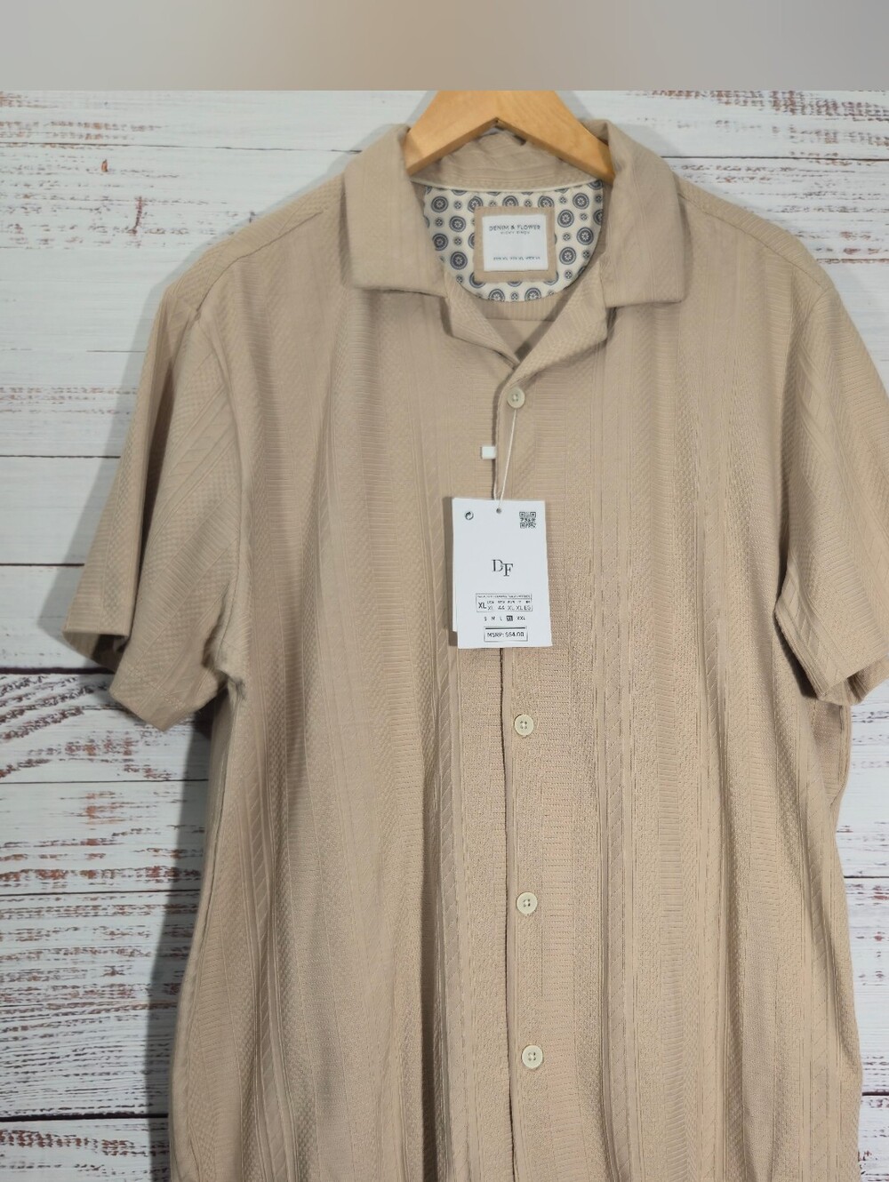 New DENIM & FLOWER Ricky Singh Beige Textured Relaxed Fit Camp Shirt Mens XL